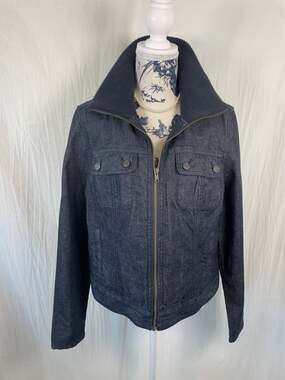 Talbots Women's Dark Wash Denim Full Zip Jacket with Ribbed Knit Funnel Neck Col